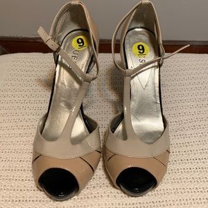 Two tone stiletto peep toe heels